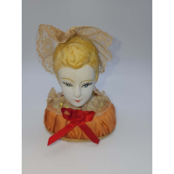 Other - Vintage Porcelain Half Doll Pin Cushion Lace Headdress Orange Satin Base Antique